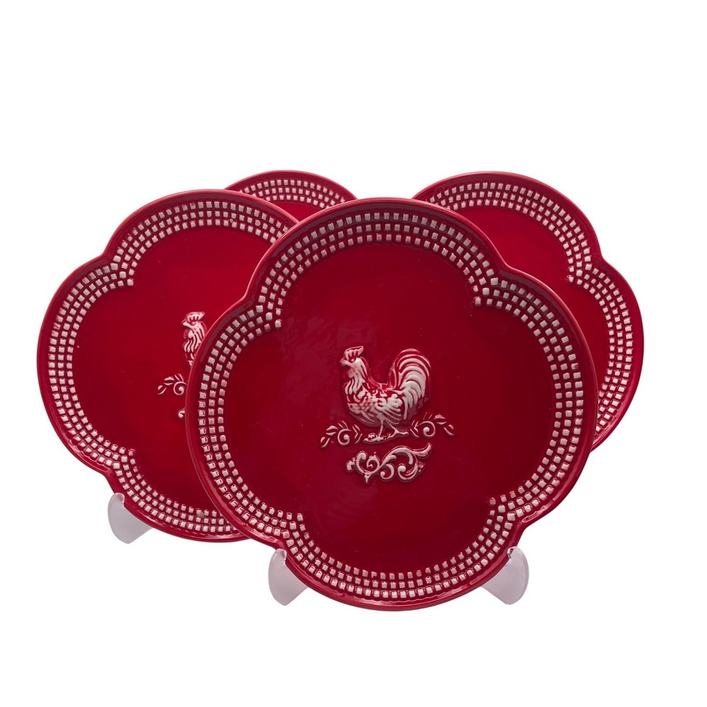 Temptations Doodle Doo Red Rooster Salad Plates Set 4 Farmhouse Cottagecore 7.5"